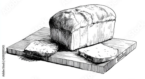 Monochrome Sketch of Bread Loaf and Slices on Cutting Board.