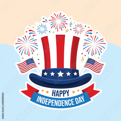 Happy Independence Day Uncle Sam Hat with Fireworks and US Flags Vector Illustration