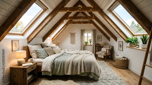 Cozy attic bedroom with skylights and wooden beams a serene retreat