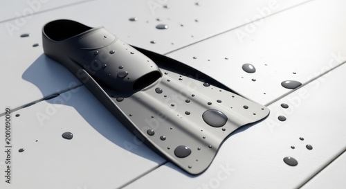 Close-up of wet skateboard on ground.