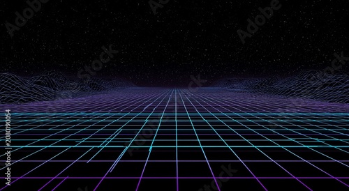 Retro Futuristic Grid Landscape with Dark Horizon and Purple Haze.