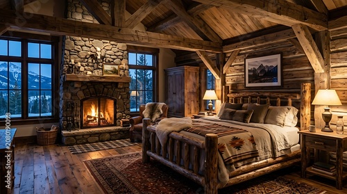Cozy mountain cabin bedroom with fireplace