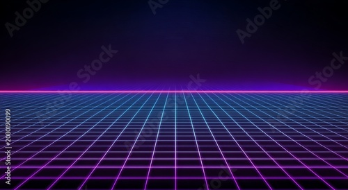 Retro futuristic grid landscape with neon horizon and perspective.