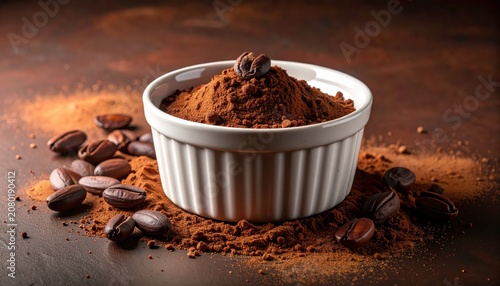 Cocoa powder in a white bowl.