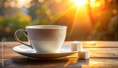 Coffee cup with sugar cubes outdoors.