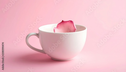 White teacup with pink rose petal.