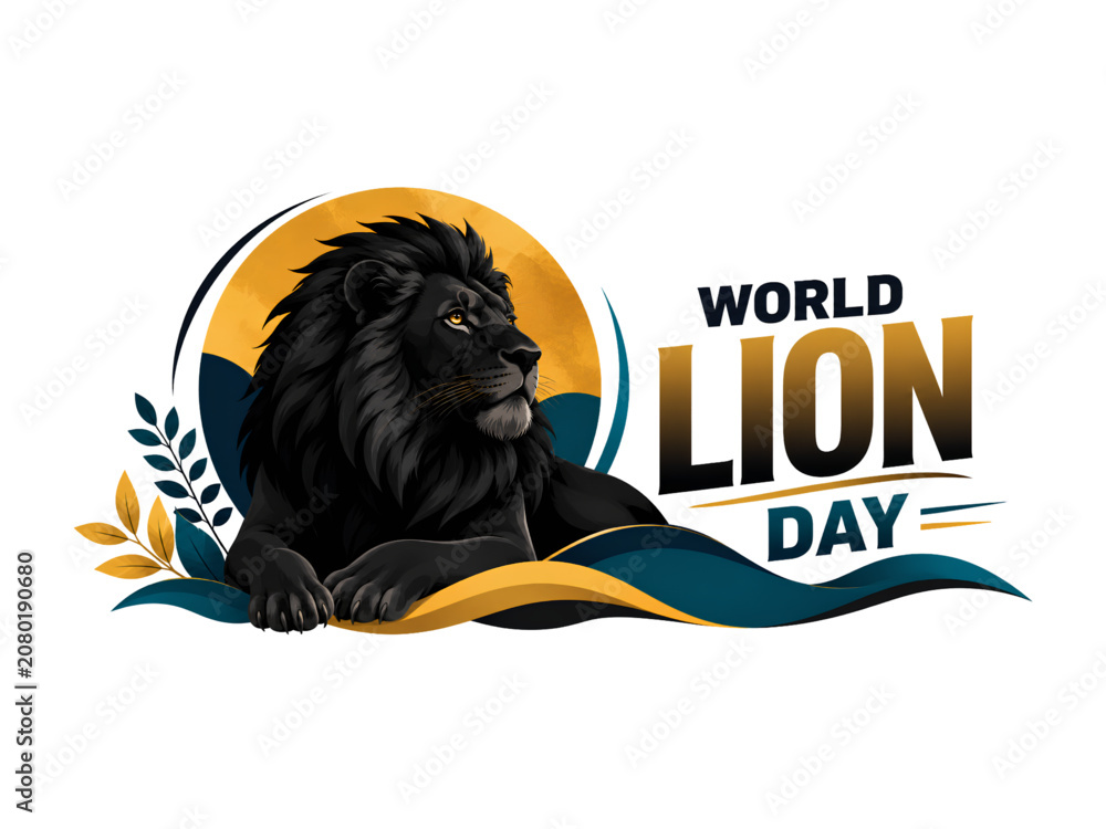Fototapeta premium Majestic Black Lion with Golden Background for World Lion Day Wildlife Conservation Transparent Background Vector Illustration