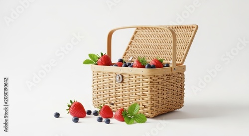 Wicker picnic basket with fresh berries.