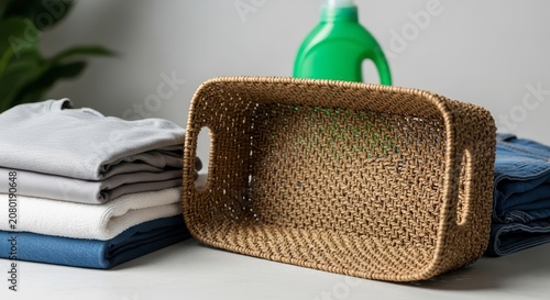 Woven basket with folded laundry indoors.