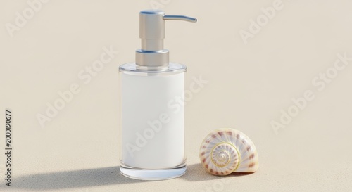 Soap dispenser and seashell on surface.