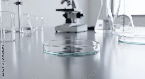 Laboratory equipment on metal table.