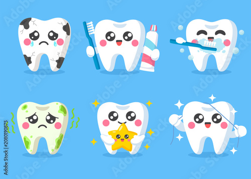 A set of cute cartoon tooth illustrations on a blue background for children's education good for sticker