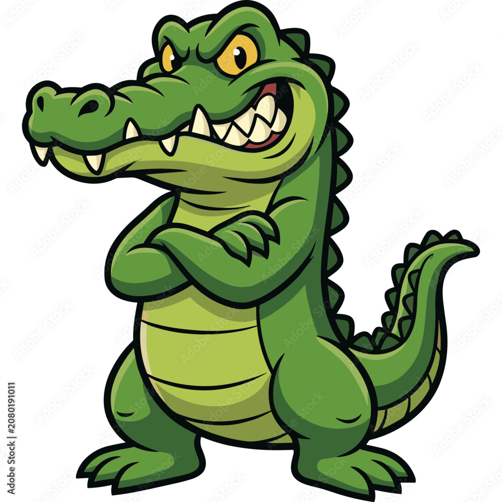 Obraz premium A smiling cartoon crocodile stands confidently with arms crossed.