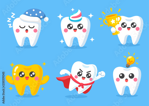 A set of cute cartoon tooth illustrations on a blue background for children's education; a doodle-style cartoon design