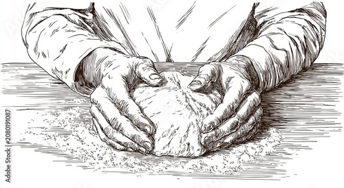 Sketch of hands kneading dough on a wooden surface.