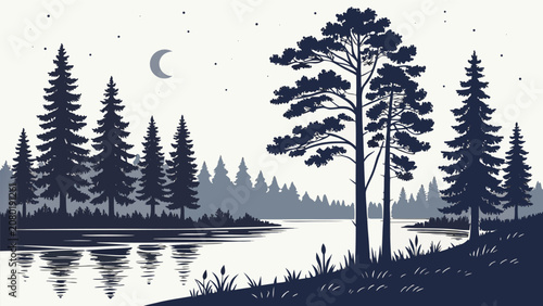 Pine forest landscape with calm lake and crescent moon in monochromatic blue and white tones for nature illustration