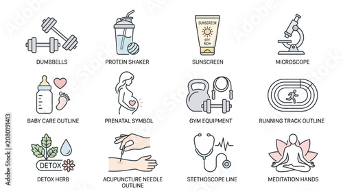 Medical, Health, and Wellness Icons Set, 12 Editable Vectors, Line Style, Black and Gray