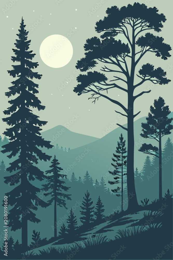 Fototapeta premium Pine forest silhouette at dusk with full moon in muted teal and dark blue tones for nature illustration