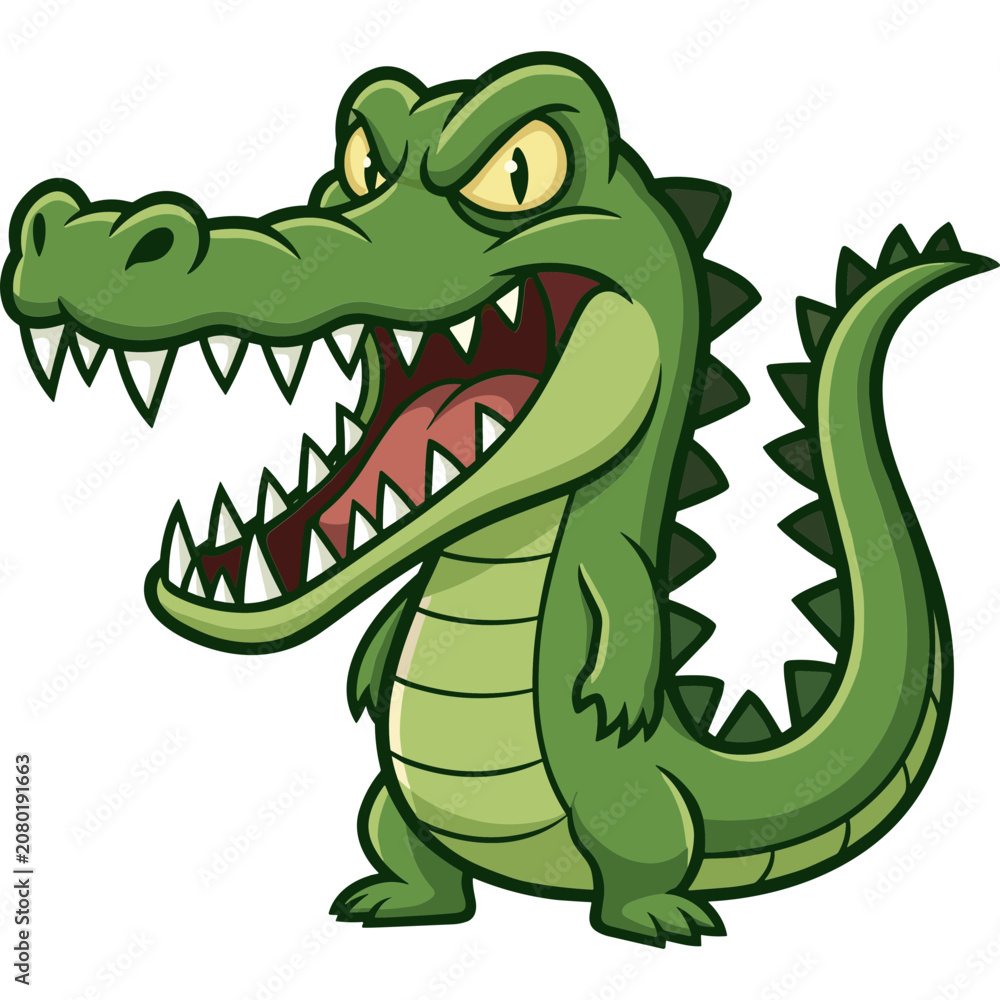 Obraz premium A cartoon crocodile with sharp teeth and spiky back stands fiercely outdoors