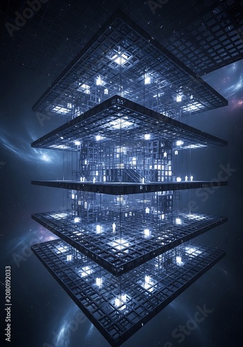 Futuristic grid structures, metallic blue layers, glowing white lights, geometric shapes, abstract architecture