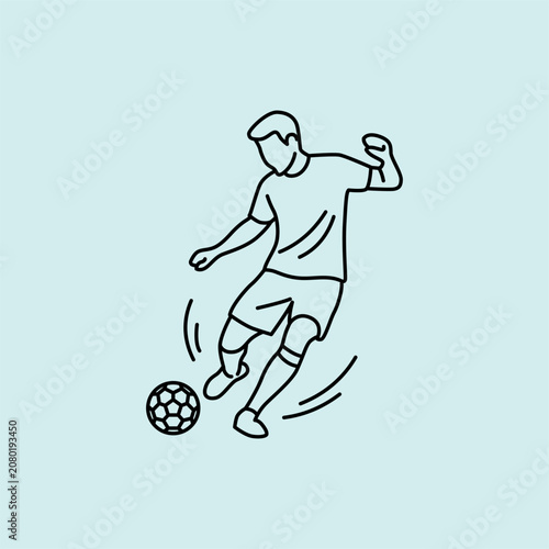 Black and white line art icon of a soccer player performing an outside foot curl. Minimalist design ideal for sports graphics, websites, and mobile apps.
