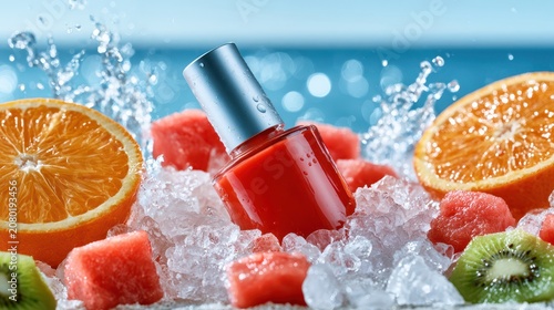 Red nail polish mockup bottle in crushed ice with fresh tropical fruits and splashing water