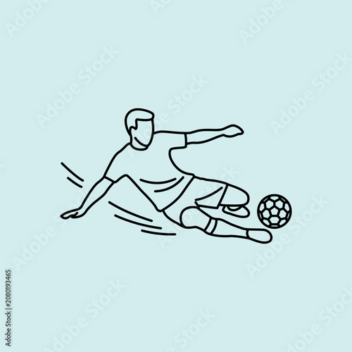 Black and white line art icon of a soccer player performing a sliding tackle kick. Minimalist design ideal for sports graphics, websites, and mobile apps.
