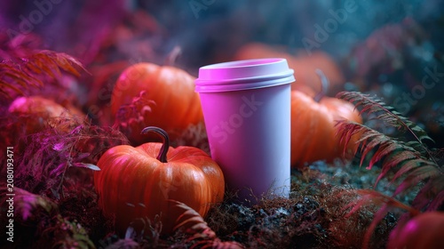 Coffee cup mockup on ground with pumpkins halloween seasonal background banner