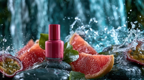 Pink nail polish mockup on wet rocks with passion fruit and waterfall splash