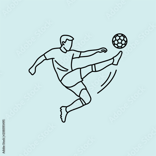 Black and white line art icon of a soccer player performing a corner cross. Minimalist design ideal for sports graphics, websites, and mobile apps.
