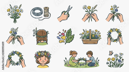 Collection of illustrated leaves plants and animals icons.