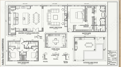 Bild auf Leinwand Detailed architectural floor plan showing kitchen, living room, master suite, an