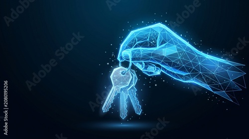 Digital hand holding keys made of glowing particles illustration with real estate particle security technology hologram innovation abstract connection property ownership solution