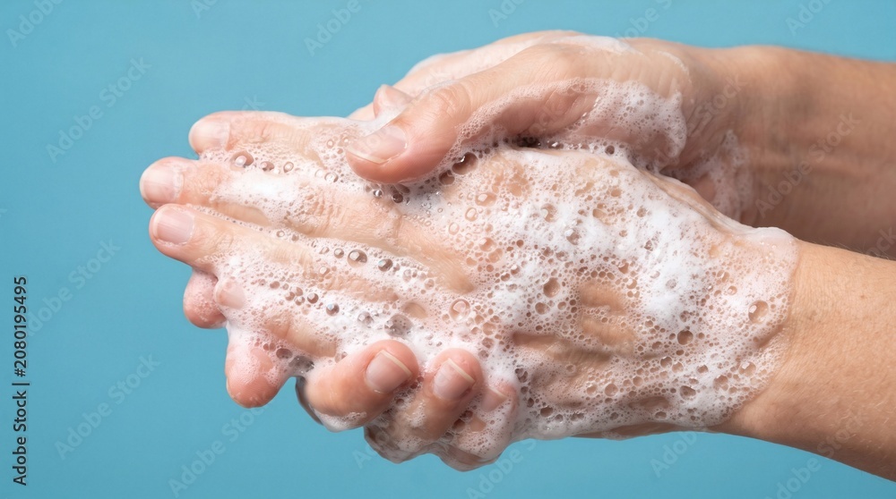 Fototapeta premium Close-up of hands being washed with soap and water, creating a lather against a blue background.