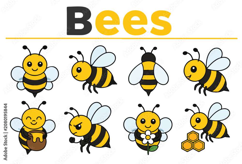 Obraz premium Honey Bee Icons for Nature, Pollination and Garden Designs Editable Vector