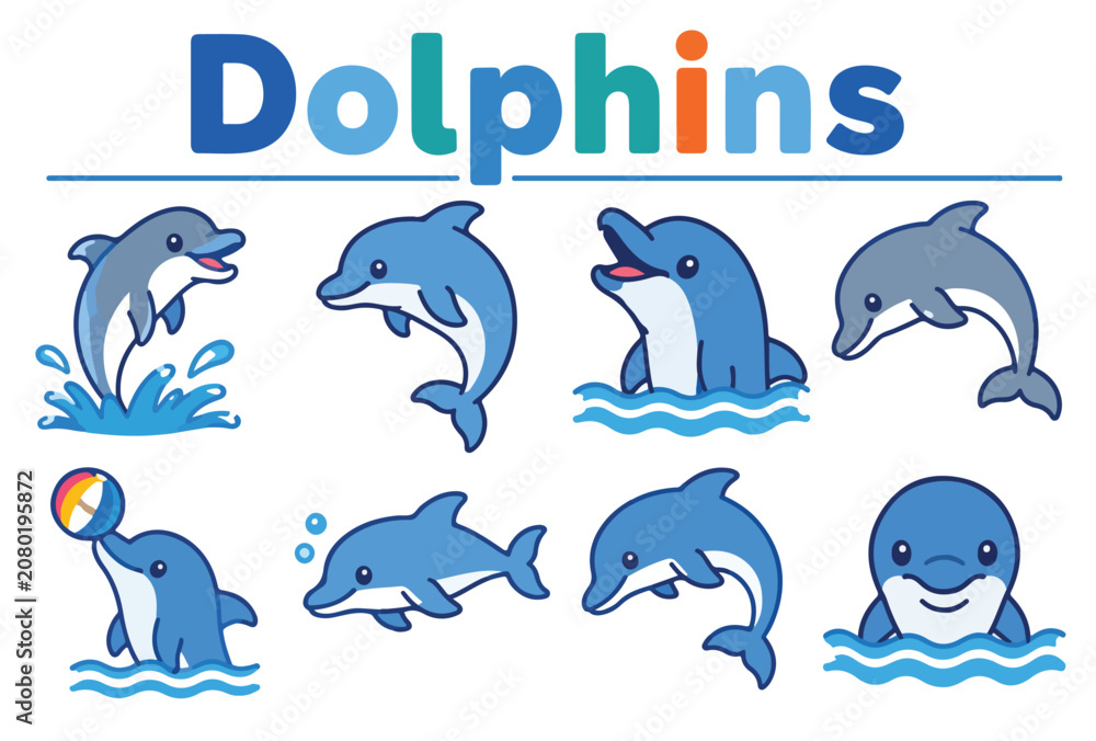 Fototapeta premium Friendly Dolphin Icons for Ocean Wildlife and Marine Life Vector Collection