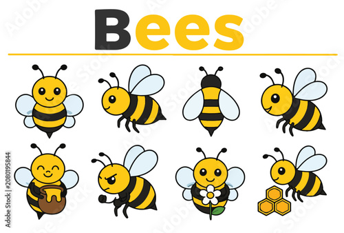 Fotografía Honey Bee Icons for Nature, Pollination and Garden Designs Editable Vector