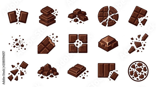 Tableau sur toile Collection of various chocolate bar pieces and crumbs isolated on white background