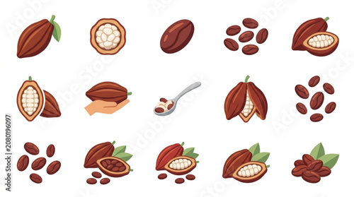 Fotografía Collection of Cacao Pods and Beans Isolated on White Background.