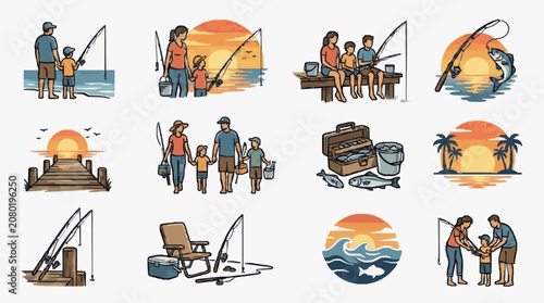 Tableau sur toile Collection of vintage travel and camping equipment illustrations.