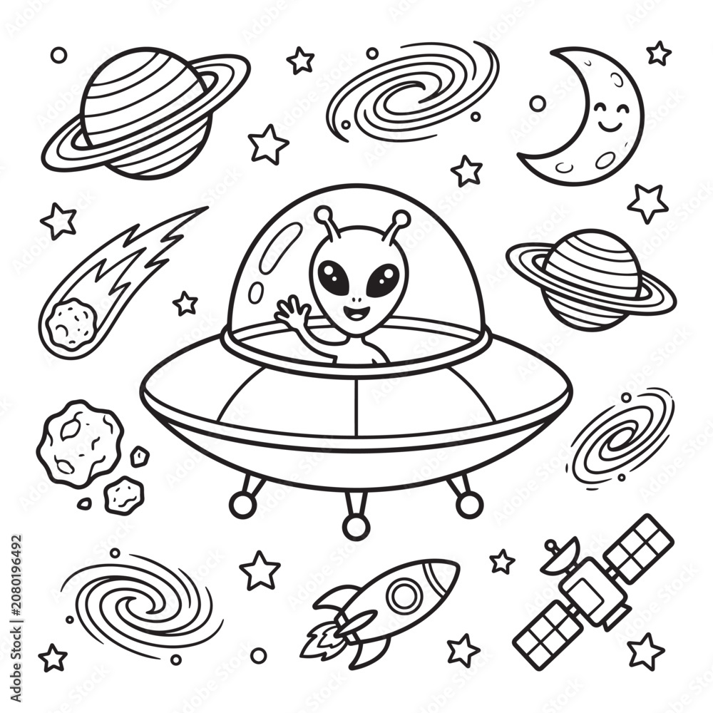 Fototapeta premium Space Exploration Illustration Featuring An Alien Flying Saucer Planets And Celestial Bodies extraterrestrial