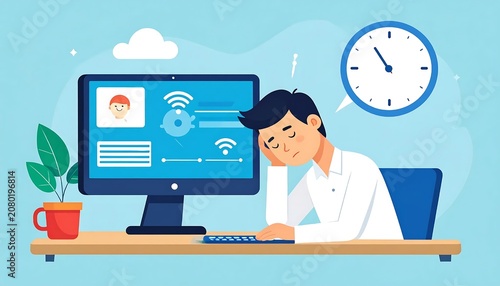 Woman working on laptop with clock and plants on desk.