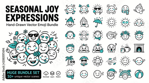 Quadro su tela Hand-drawn seasonal joy expressions emoji bundle, huge set of 30+ unique vector