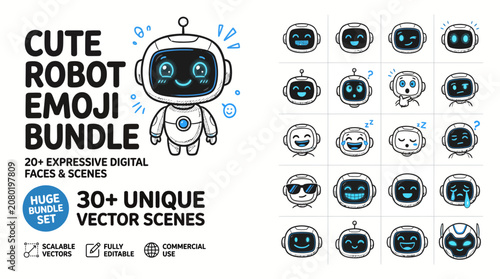 Quadro su tela Cute robot emoji bundle, 30+ unique vector scenes with expressive digital faces,