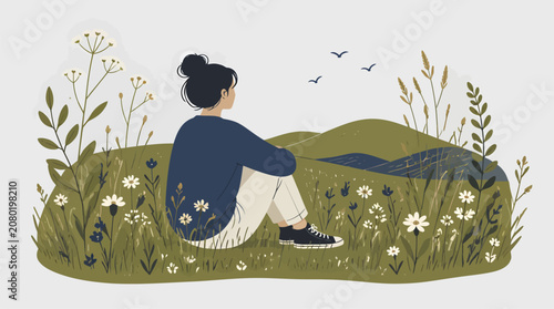 Photos Woman Sitting on Grassy Hill Surrounded by Wildflowers and Plants, Gazing at Dis