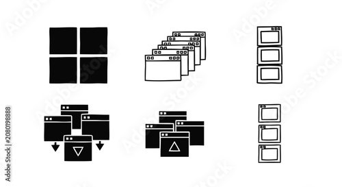 Vector illustration of set of computer window icons, user interface elements for web design on a transparent background