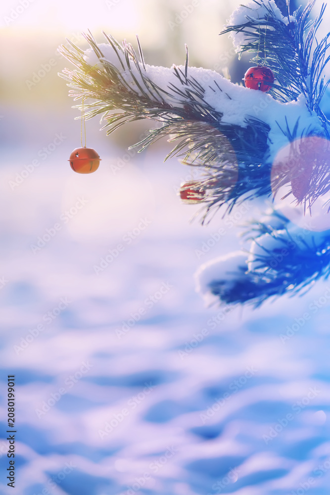 Fototapeta premium Red Christmas bell hangs on a snow-covered branch of a Christmas tree against a festive background of white snow. Christmas tree with decoration under snow