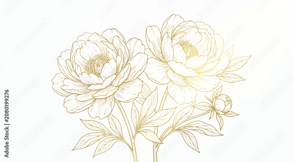 Fototapeta premium Elegant golden peony flowers illustration, delicate botanical line art drawing, luxury floral design element, sophisticated gold outline