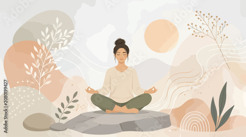 Woman Meditating in Lotus Pose on Rock Surrounded by Abstract Nature Shapes and Soft Pastel Colors, Promoting Wellness and Calm