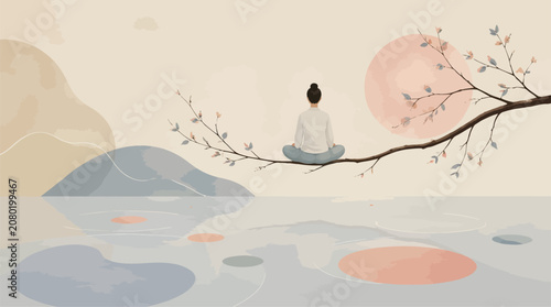 Woman Meditating on Tree Branch Over Calm Water Reflection, Serene Nature Landscape, Zen Mindfulness Concept, Minimalist Artistic Style